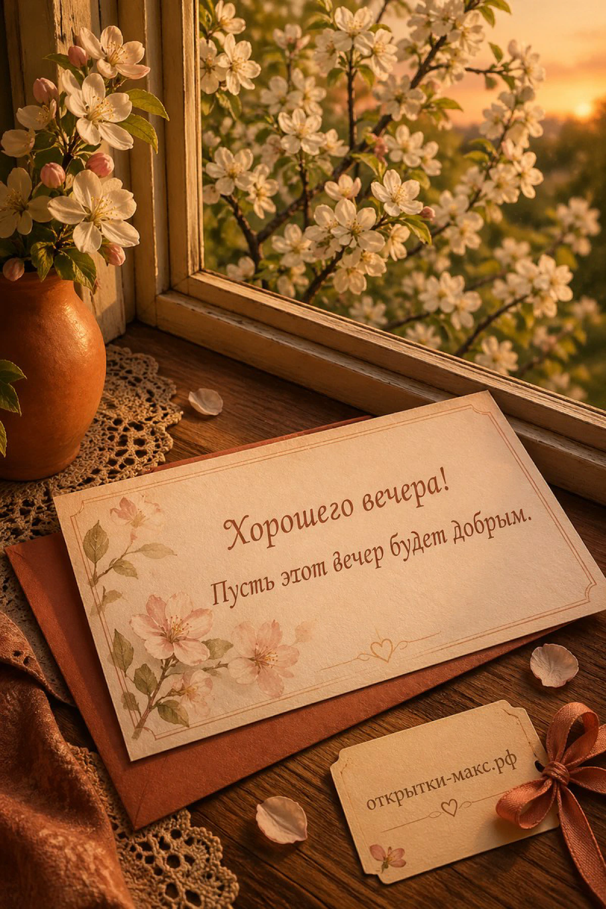 Открытка с конвертом на подоконнике рядом с яблоневыми цветами и золотым закатным светом