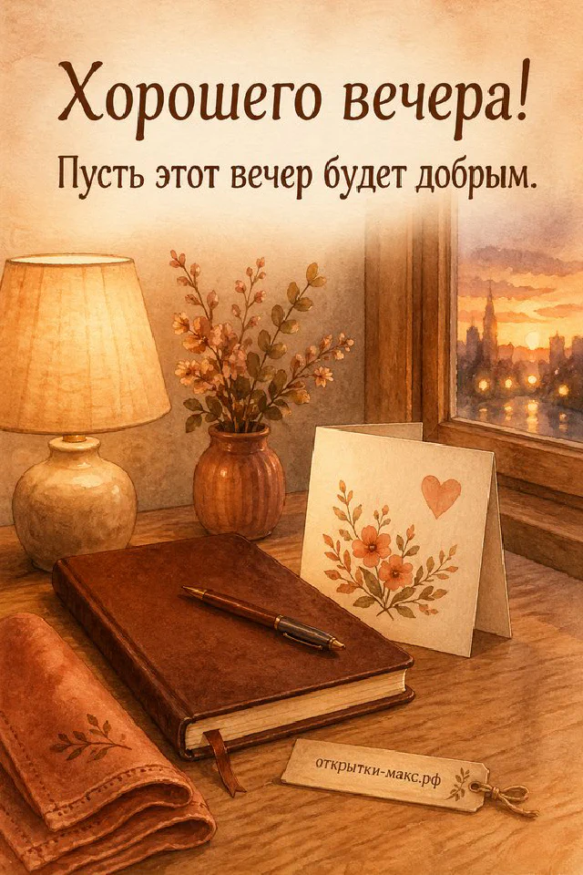 Открытка с конвертом на подоконнике рядом с яблоневыми цветами и золотым закатным светом — вариант 4
