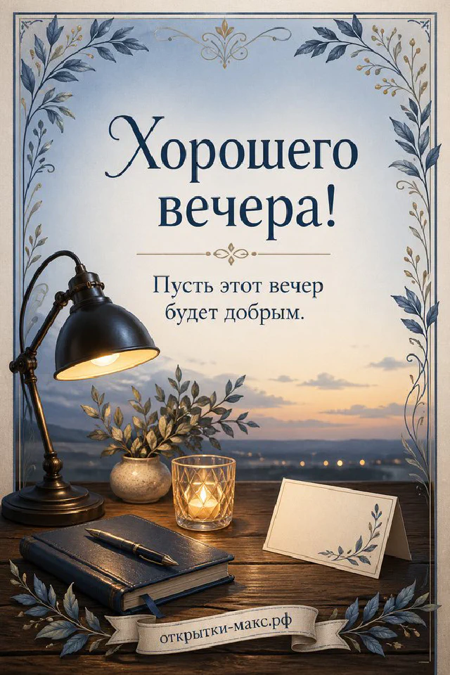 Открытка с конвертом на подоконнике рядом с яблоневыми цветами и золотым закатным светом — вариант 6