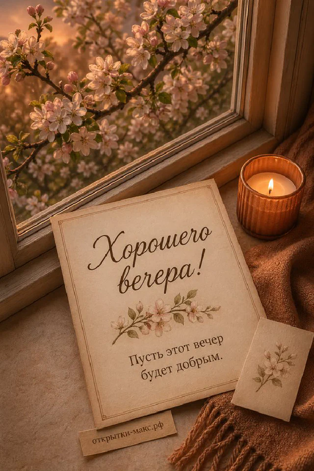 Открытка с конвертом на подоконнике рядом с яблоневыми цветами и золотым закатным светом — вариант 7