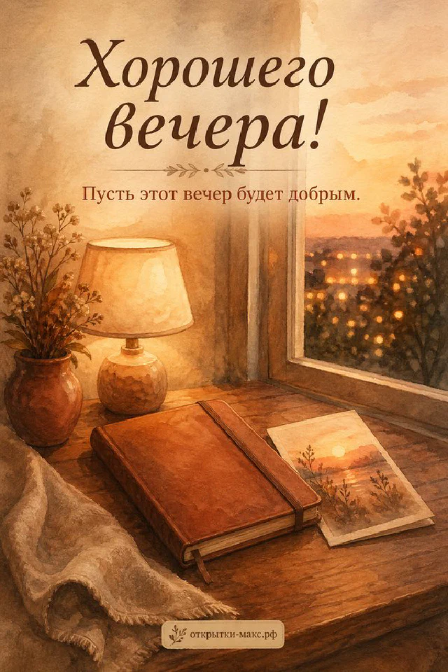 Открытка с конвертом на подоконнике рядом с яблоневыми цветами и золотым закатным светом — вариант 8