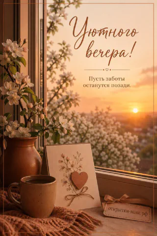 Белые весенние цветы в вазе у окна на фоне золотого заката с кружкой и открыткой