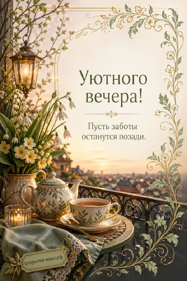 Белые весенние цветы в вазе у окна на фоне золотого заката с кружкой и открыткой — вариант 2