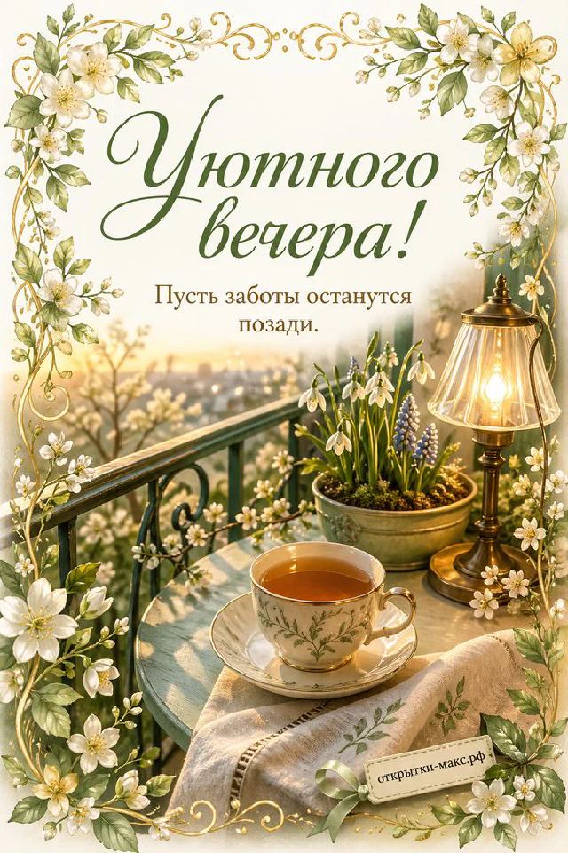 Белые весенние цветы в вазе у окна на фоне золотого заката с кружкой и открыткой — вариант 3