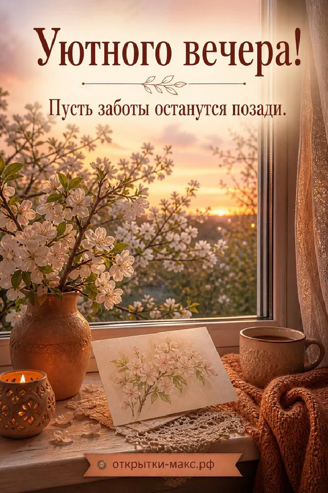 Белые весенние цветы в вазе у окна на фоне золотого заката с кружкой и открыткой — вариант 4