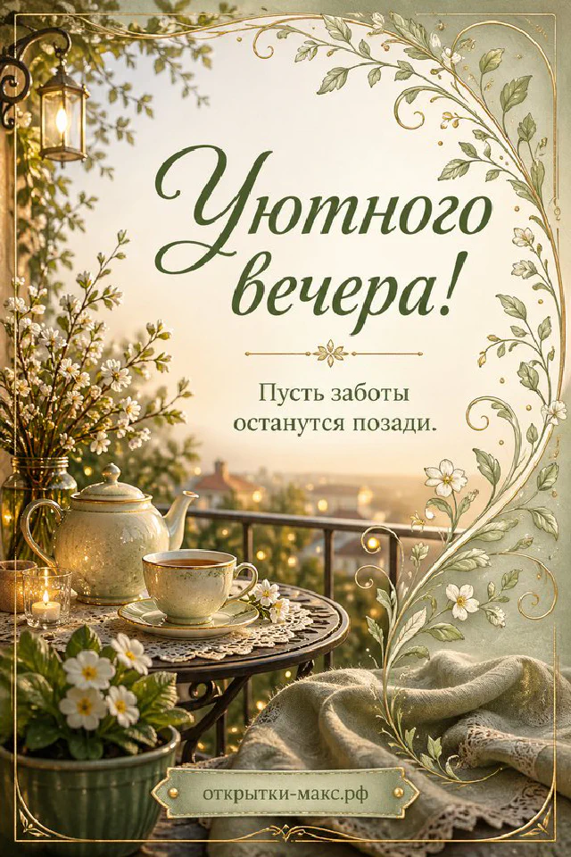 Белые весенние цветы в вазе у окна на фоне золотого заката с кружкой и открыткой — вариант 5