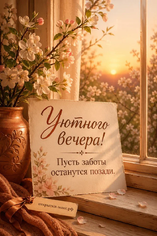 Белые весенние цветы в вазе у окна на фоне золотого заката с кружкой и открыткой — вариант 6