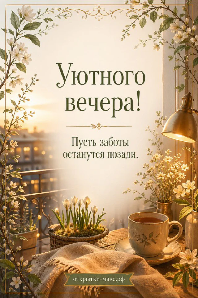Белые весенние цветы в вазе у окна на фоне золотого заката с кружкой и открыткой — вариант 7