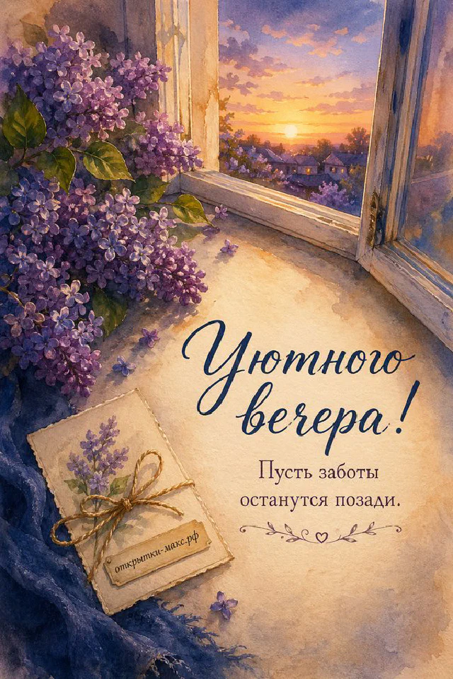 Белые весенние цветы в вазе у окна на фоне золотого заката с кружкой и открыткой — вариант 8