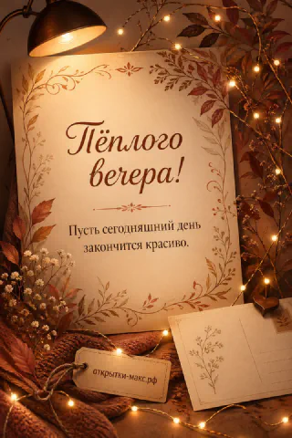 Осенняя открытка с тёплой гирляндой, свечой и рыжими листьями на деревянном фоне с надписью Тёплого вечера