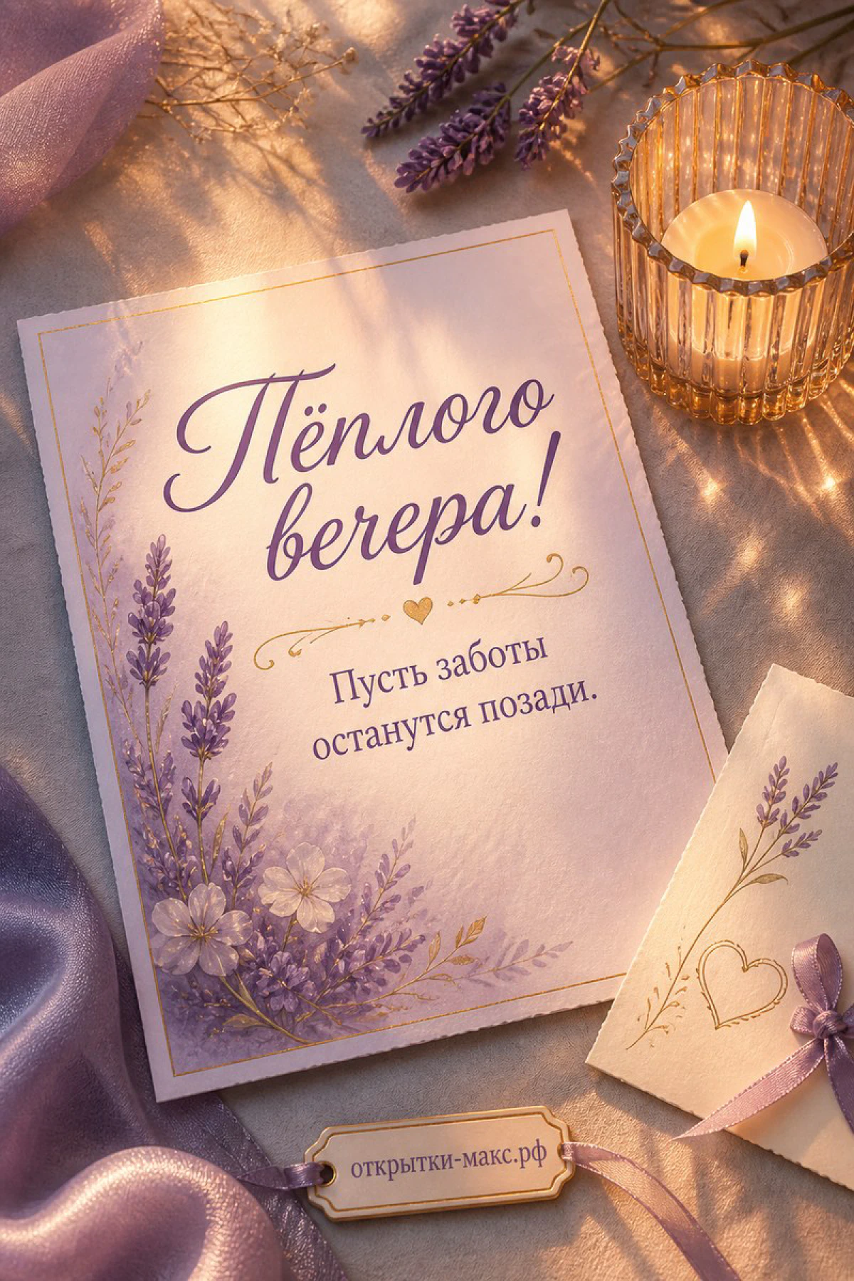 Открытка с лавандовым букетом, горящей свечой в стакане и конвертом на лиловой ткани