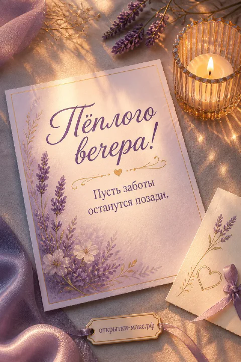 Открытка с лавандовым букетом, горящей свечой в стакане и конвертом на лиловой ткани