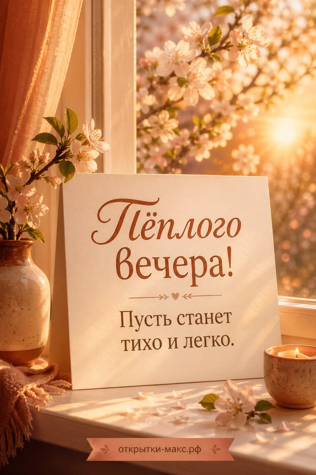 Открытка с цветущей сакурой у окна, вазой с ветками, свечой и надписью Тёплого вечера на белом холсте