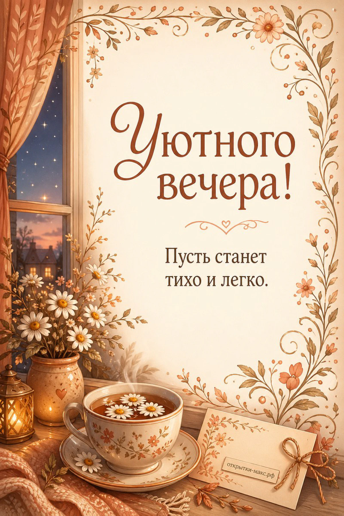 Чашка чая с ромашками и фонарём у ночного окна, надпись «Уютного вечера»