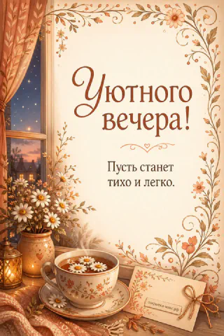 Чашка чая с ромашками и фонарём у ночного окна, надпись «Уютного вечера»