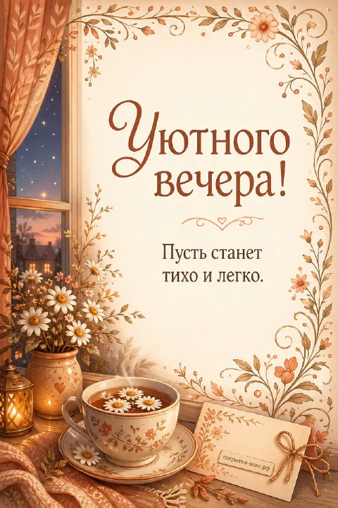 Чашка чая с ромашками и фонарём у ночного окна, надпись «Уютного вечера»