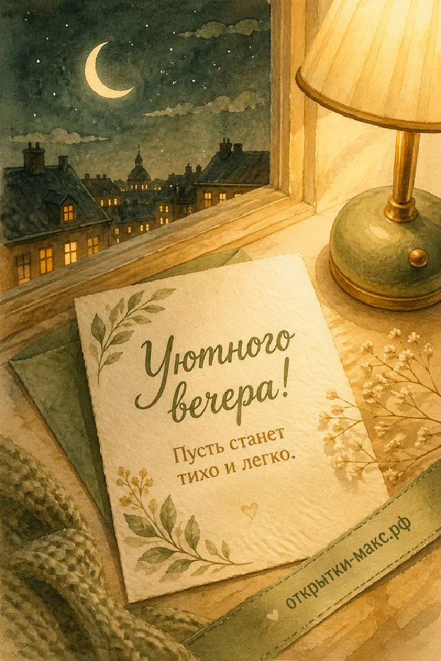 Чашка чая с ромашками и фонарём у ночного окна, надпись «Уютного вечера» — вариант 2