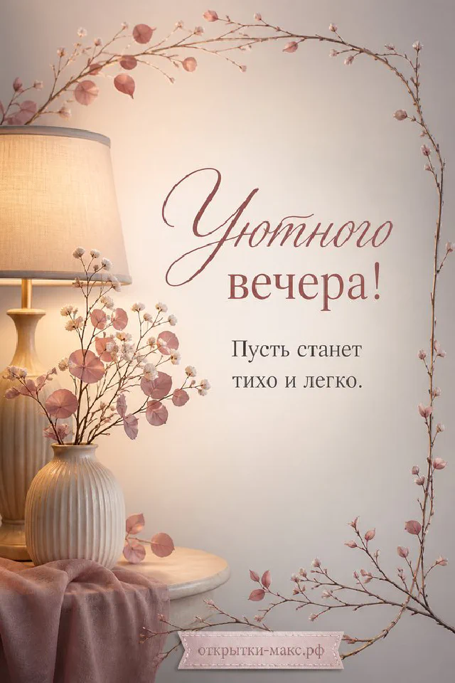 Чашка чая с ромашками и фонарём у ночного окна, надпись «Уютного вечера» — вариант 3