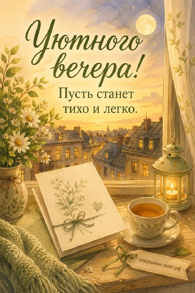 Чашка чая с ромашками и фонарём у ночного окна, надпись «Уютного вечера» — вариант 4