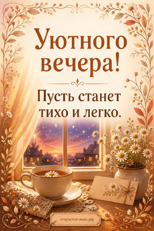 Чашка чая с ромашками и фонарём у ночного окна, надпись «Уютного вечера» — вариант 5