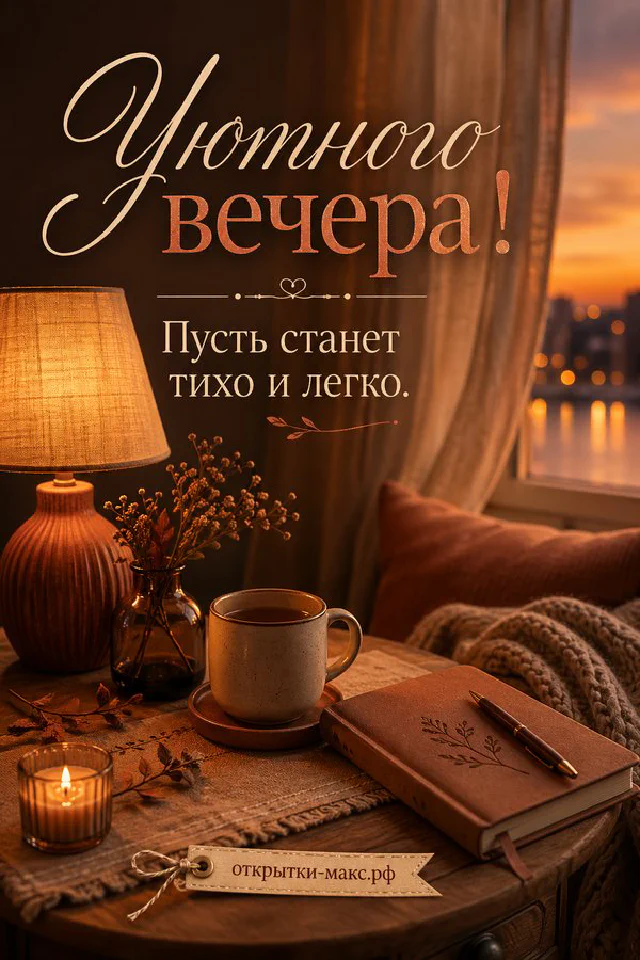 Чашка чая с ромашками и фонарём у ночного окна, надпись «Уютного вечера» — вариант 7