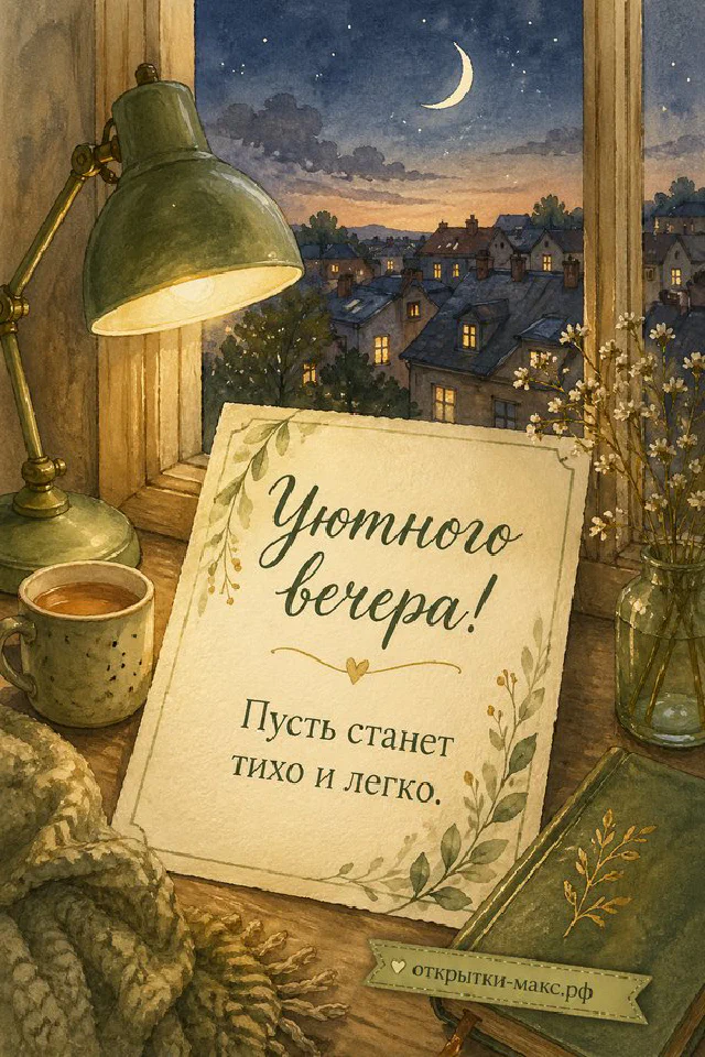 Чашка чая с ромашками и фонарём у ночного окна, надпись «Уютного вечера» — вариант 8