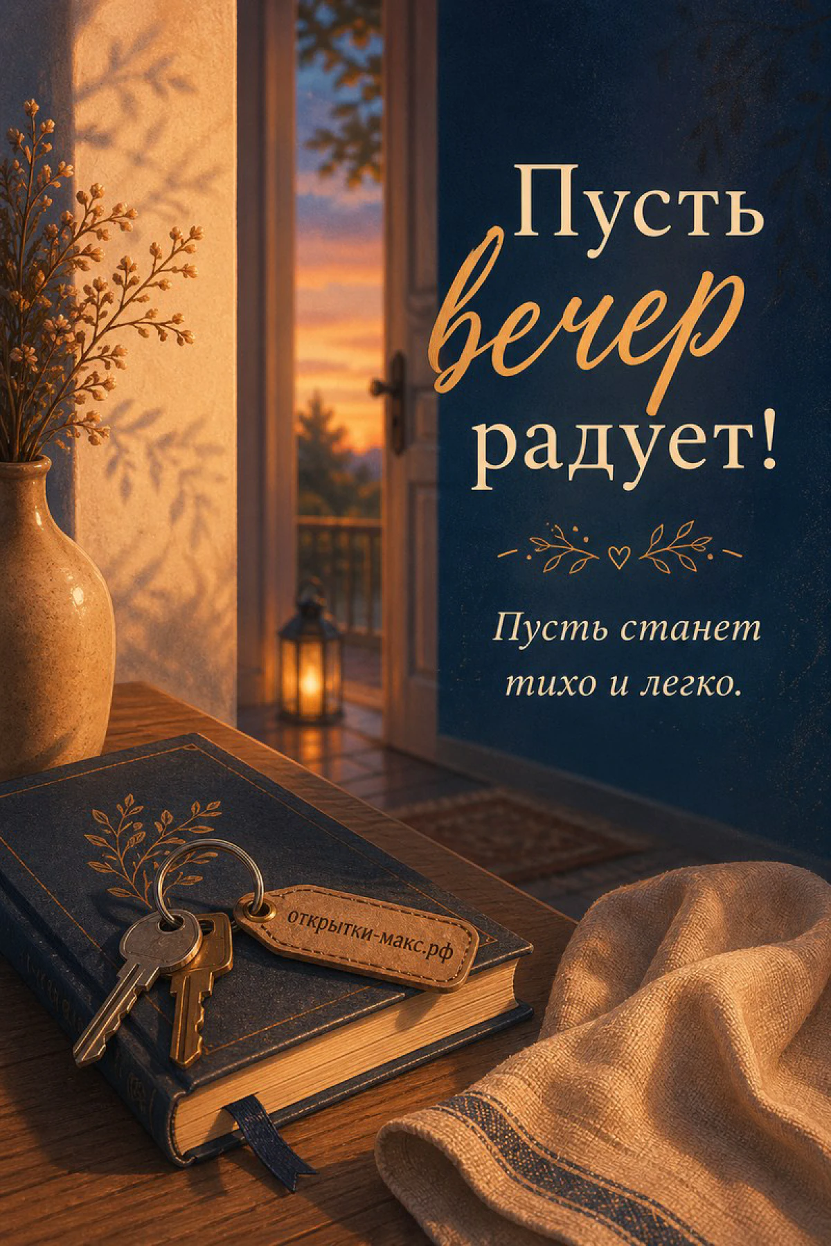 Старая книга с ключами на деревянном столе, ваза с сухоцветами и открытая дверь с закатным видом