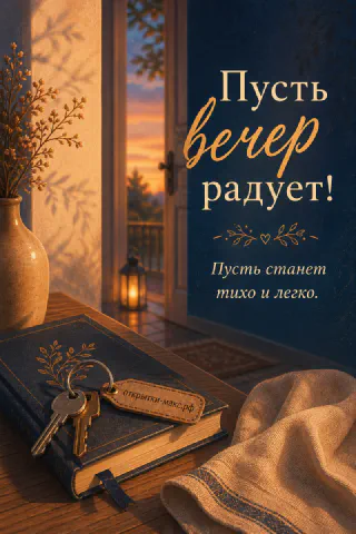 Старая книга с ключами на деревянном столе, ваза с сухоцветами и открытая дверь с закатным видом