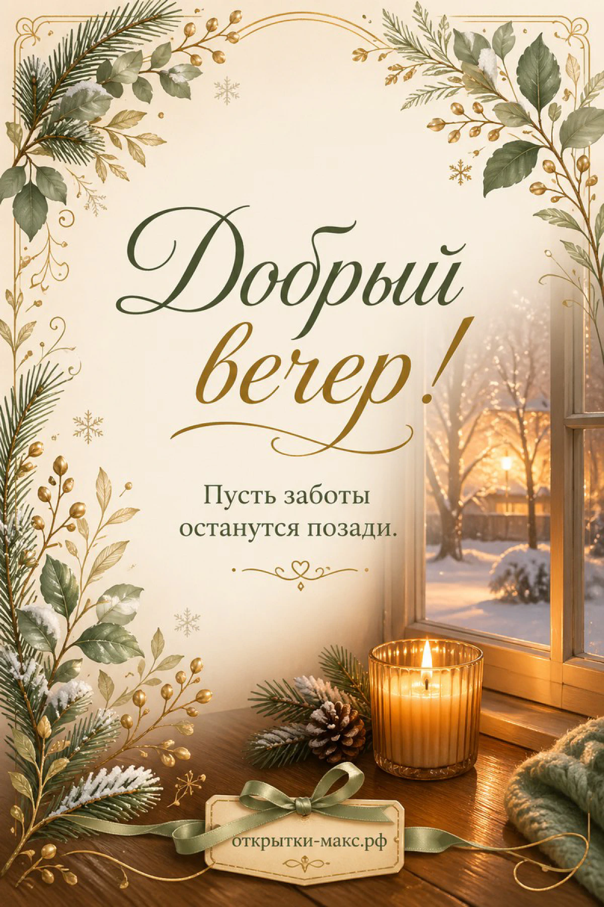 Горящая свеча, снежные ветки ели с шишками и плоды калины у зимнего закатного окна