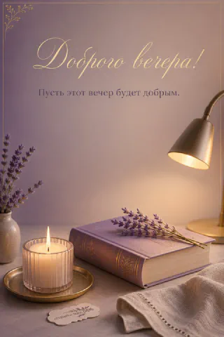 Лавандовая книга с золотым тиснением и свежей лавандой, свеча в рифлёном стакане и настольная лампа