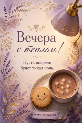Чашка горячего какао с зефиром и улыбающееся печенье на блюдце, лавандовая лампа
