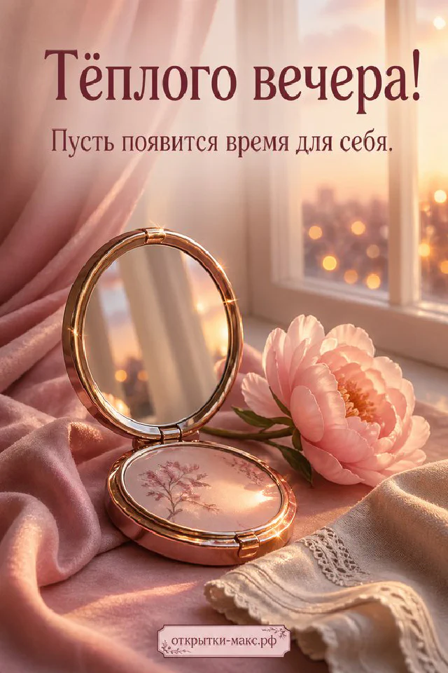 Ваза с голубыми и жёлтыми полевыми цветами, свеча и розовый закат за окном — вариант 2
