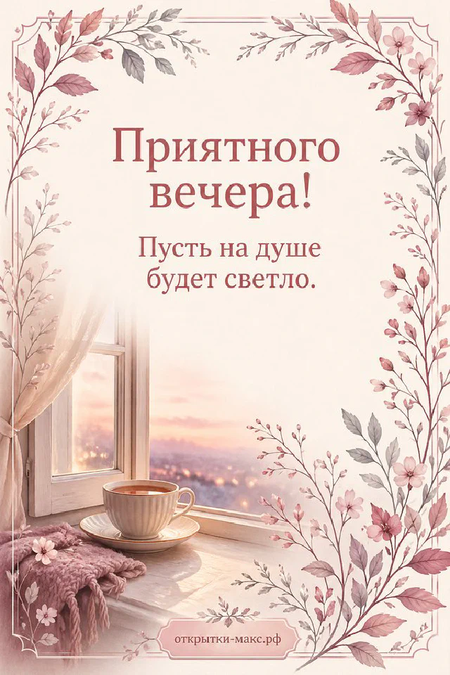 Ваза с розовыми цветами на подоконнике на фоне закатного неба и цветущих деревьев — вариант 4