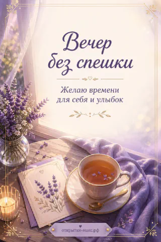 Чашка чая с цветком на блюдце, букет лаванды в вазе и фиолетовый плед у окна на деревянном столе