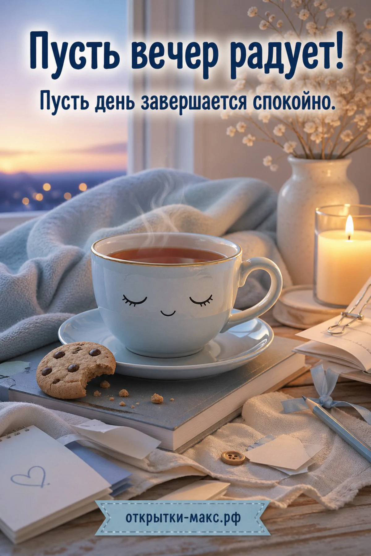 Белая чашка чая с улыбкой на блюдце рядом с книгами и пледом, за окном закатное небо
