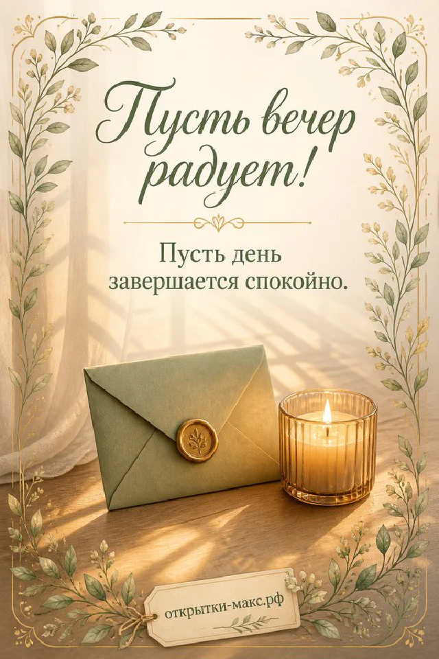Белая чашка чая с улыбкой на блюдце рядом с книгами и пледом, за окном закатное небо — вариант 4