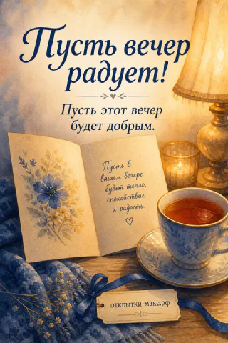 Акварельная открытка с чашкой чая и блюдцем, открытой книгой с синим цветком и старинной лампой