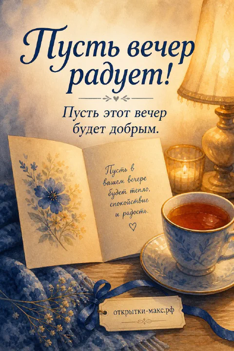 Акварельная открытка с чашкой чая и блюдцем, открытой книгой с синим цветком и старинной лампой