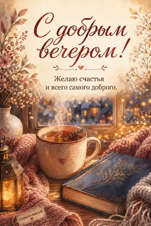 Акварельная большая кружка чая с лавандой, синяя книга с золотым узором и фонарь у окна с огнями ночного города