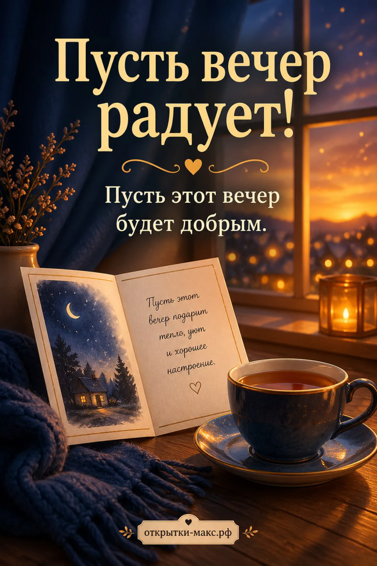 Чашка чая на блюдце и раскрытая книга с зимним рисунком у окна с огнями вечернего города