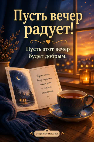 Чашка чая на блюдце и раскрытая книга с зимним рисунком у окна с огнями вечернего города