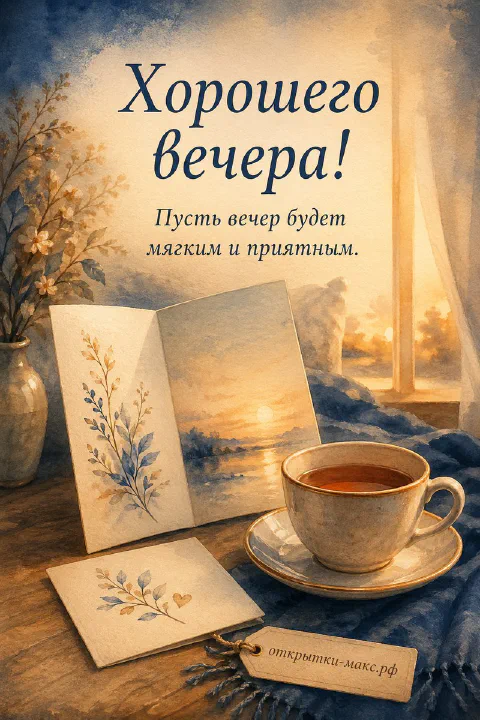 Чашка чая и открытая книга с жёлтыми цветами у окна с закатом, акварельный стиль