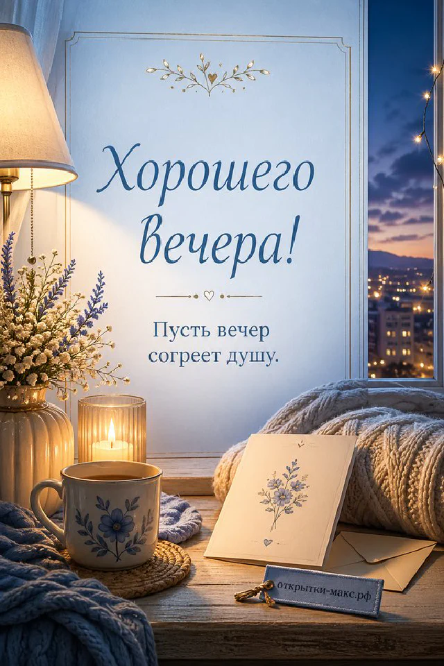 Чашка чая у окна с видом на ночной город, акварельный постер с зимним городом на столе и горящая свеча — вариант 4
