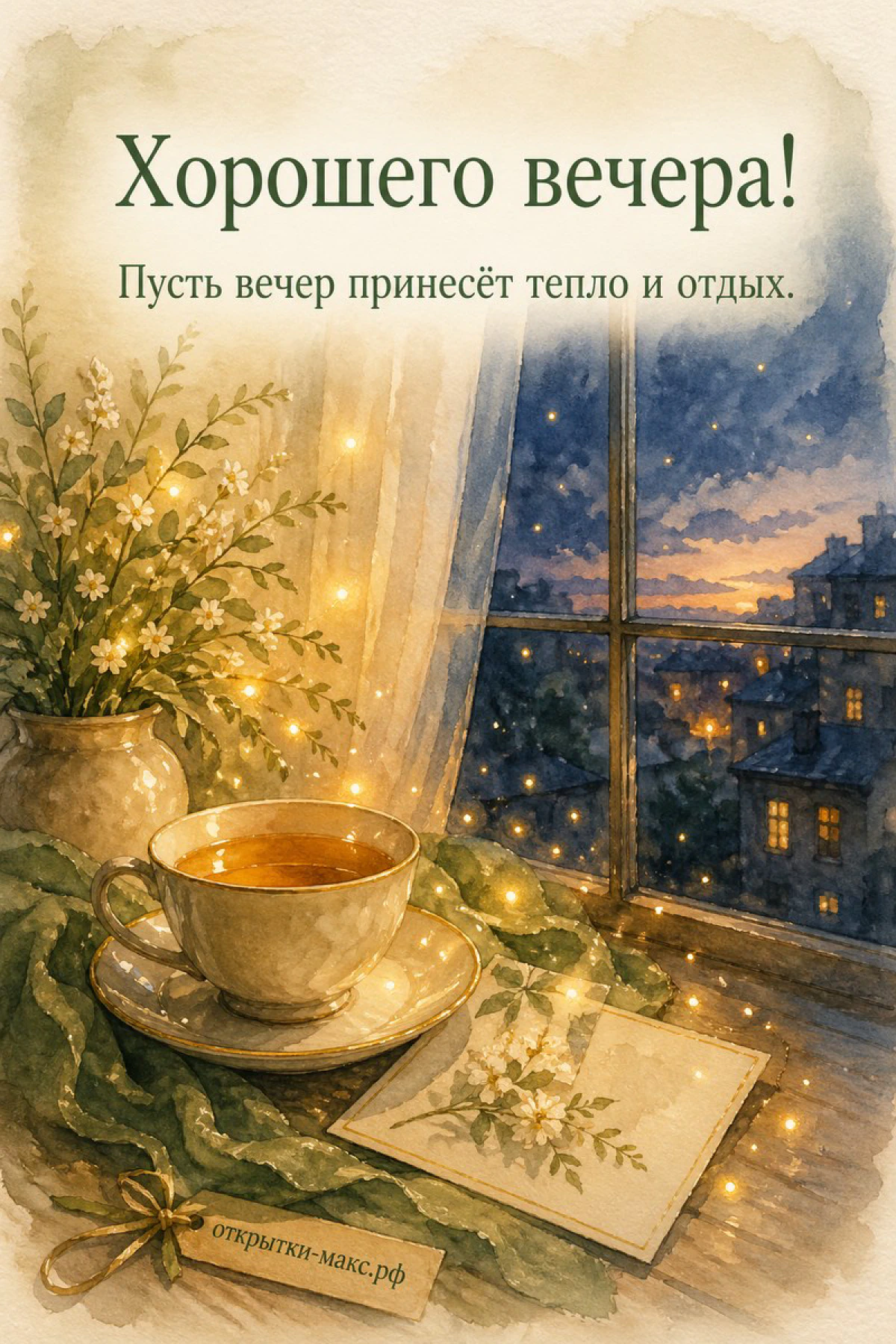 Чашка чая и пушистая зелень на подоконнике с гирляндой, за окном вечерний город в акварельном стиле
