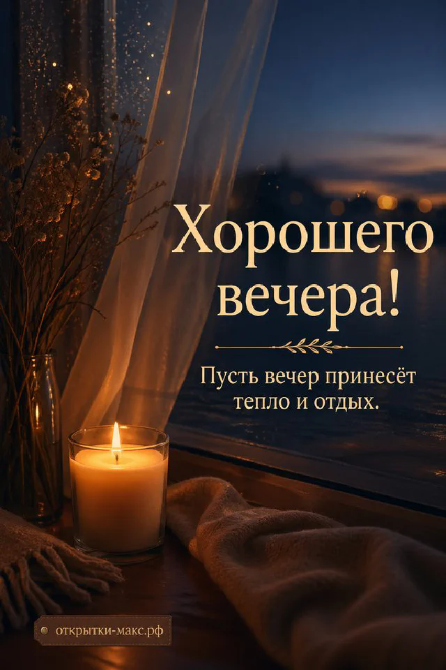 Чашка чая и пушистая зелень на подоконнике с гирляндой, за окном вечерний город в акварельном стиле — вариант 2
