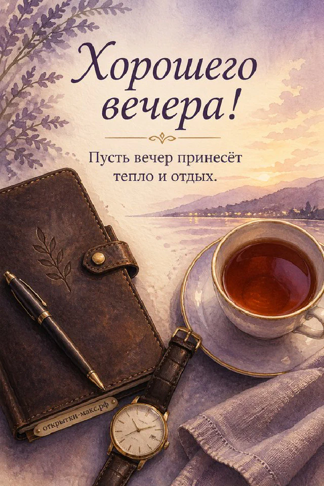 Чашка чая и пушистая зелень на подоконнике с гирляндой, за окном вечерний город в акварельном стиле — вариант 3