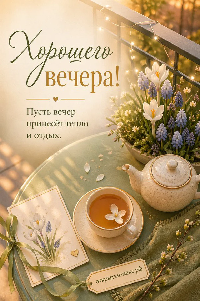 Чашка чая и пушистая зелень на подоконнике с гирляндой, за окном вечерний город в акварельном стиле — вариант 4