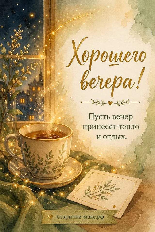 Чашка чая и пушистая зелень на подоконнике с гирляндой, за окном вечерний город в акварельном стиле — вариант 5