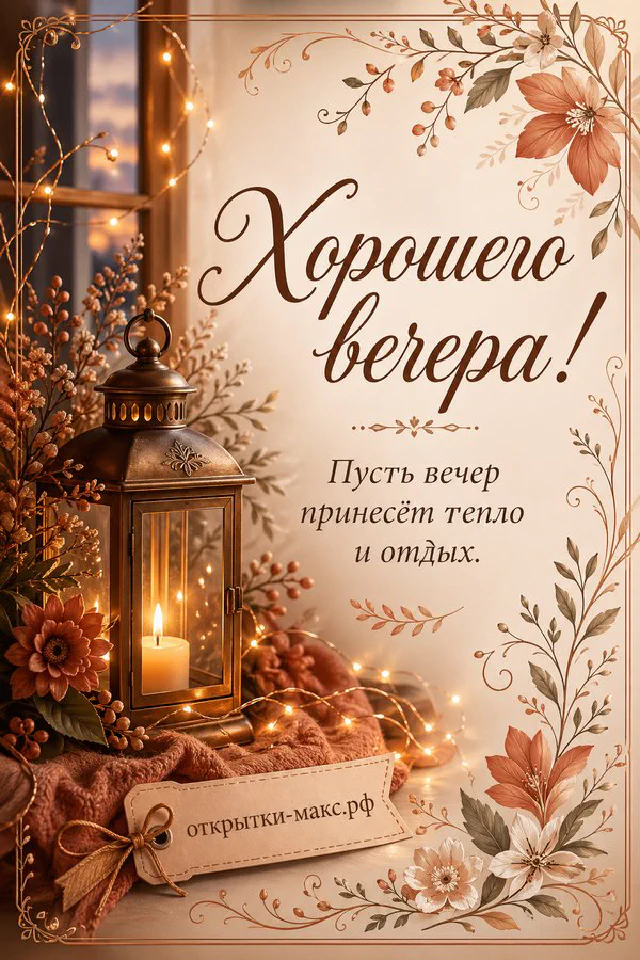 Чашка чая и пушистая зелень на подоконнике с гирляндой, за окном вечерний город в акварельном стиле — вариант 6