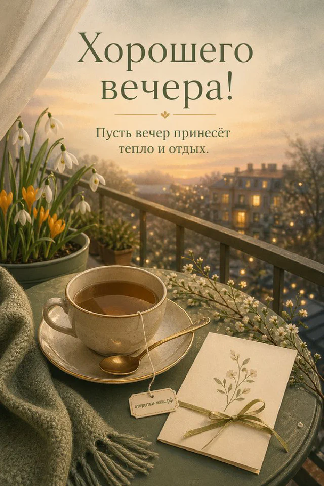 Чашка чая и пушистая зелень на подоконнике с гирляндой, за окном вечерний город в акварельном стиле — вариант 7